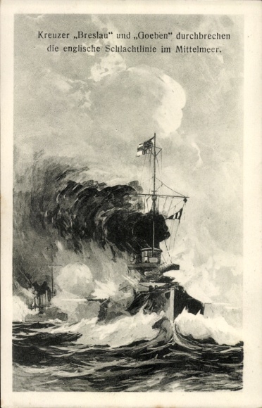 Postcard German warships, cruisers Breslau and Goeben break through English battle line in the Mediterranean