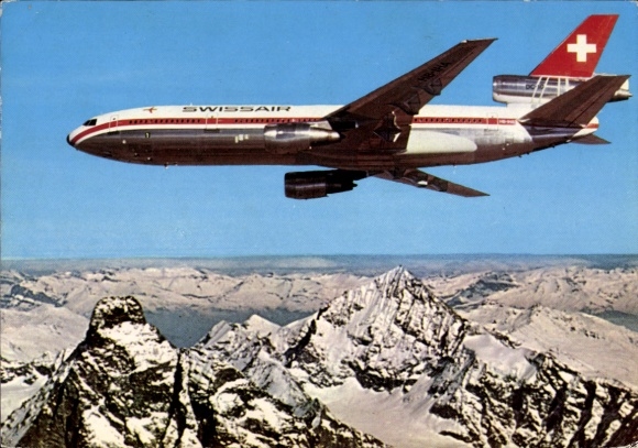 Postcard passenger aircraft Swissair DC-10, aircraft over the Alps