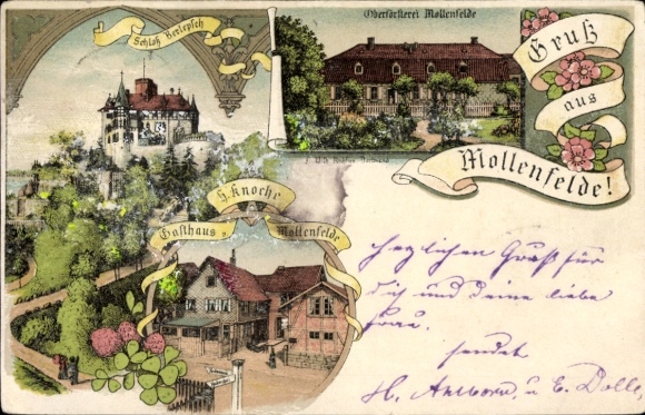 Litho Mollenfelde Friedland an der Leine, Oberförsterei, Schloss Berlepsch, Gasthaus Knoche