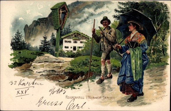 Kunstenaar Litho Bergen, Fritz, Bad Reichenhall in Opper-Beieren, Nonner-kostuum, kruis langs de weg