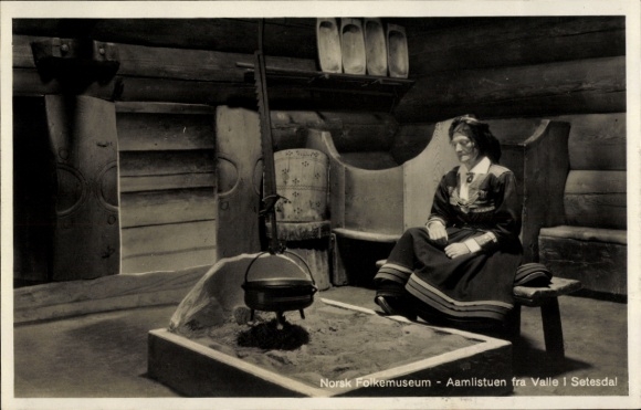 Postcard Norway, Folk Museum, interior view