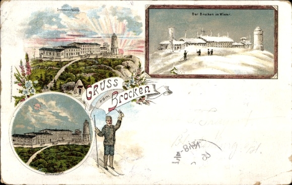 Litho Brocken im Harz, Brockenturm, Brockenhotel, Winter