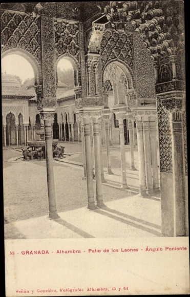 Postcard Granada Andalusia Spain, Alhambra, Patio de los Leones, photographers Señán y González