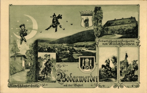 Ak Bodenwerder in Niedersachsen, Geburtshaus Freiherr v. Münchhausen, Sagenbilder, Kanonenkugel