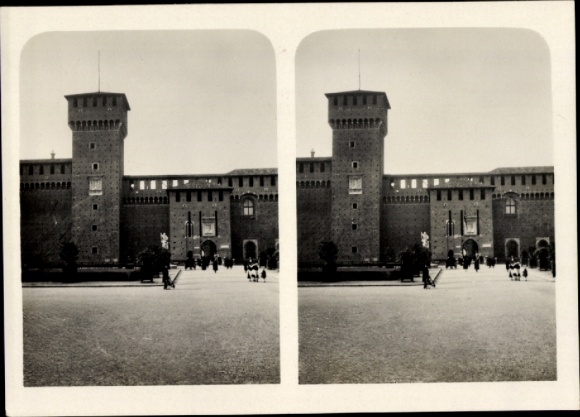 Stereofoto Milaan Milaan Lombardia, binnenaanzicht van het versterkte kasteel