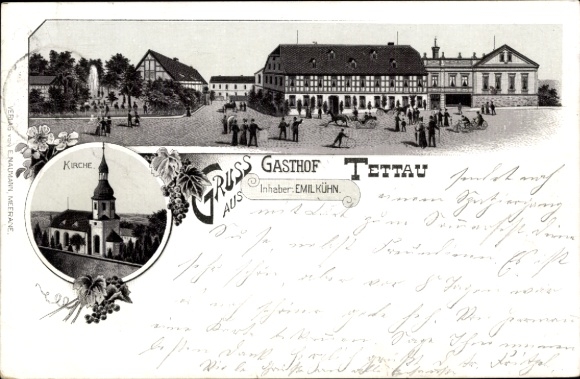 Chromo-Litho Tettau Schönberg in Saxony, inn of Emil Kühn, church