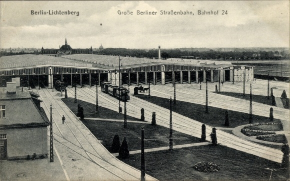 Ak Berlin Lichtenberg, Große Berliner Straßenbahn, Bahnhof 24, Straßenbahndepot
