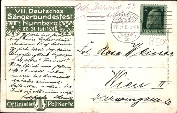 Artist coat of arms Postcard Nuremberg in Middle Franconia, 50th anniversary of the German Singers' Association 1912