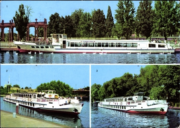 Postcard VEB Verkehrsbetriebe Potsdam, Weiße Flotte, MS Strandbad Ferch, MS Cecilienhof, MS Sanssouci