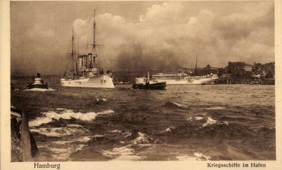 Postcard Hamburg Altona Neumühlen Oevelgönne, warships in the harbor, historic ships, water, w...