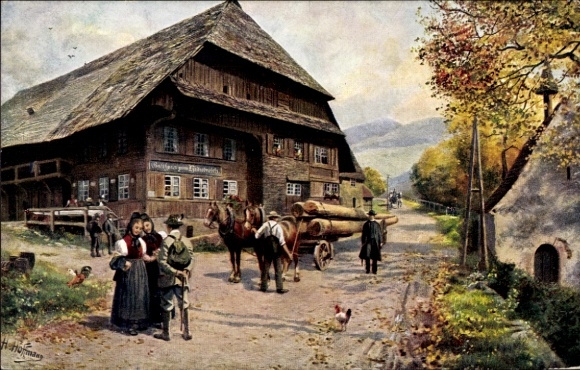 Kunstenaar Ak Hoffmann, H., Buchenbach Zwarte Woud, Gasthaus zum Himmelreich, dames, klederdracht, houten kar