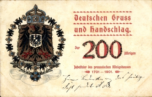 Glitter coat of arms litho German greeting and handshake, 200 years of the Prussian Royal House 1901