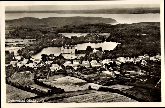 Postcard Ostseebad Glücksburg, aerial photo, castle