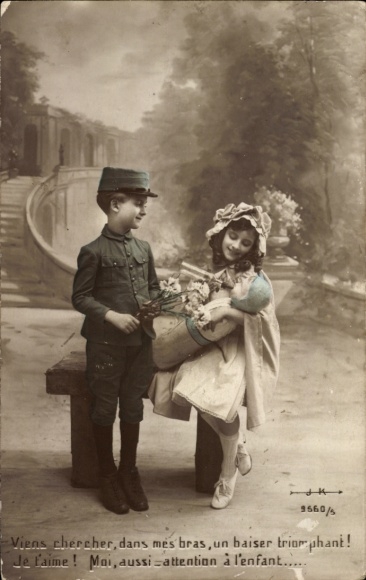 Postcard children as a couple, boy in uniform, girl with doll