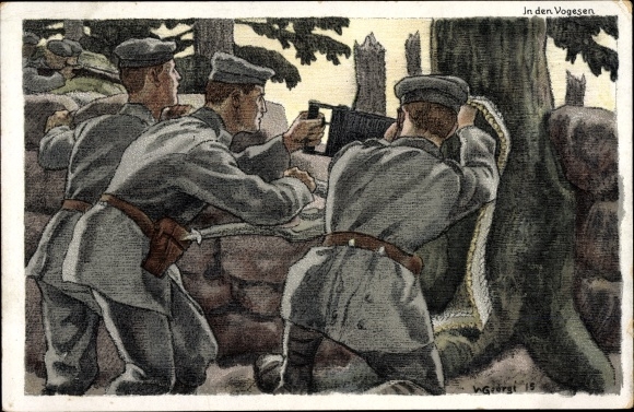 Artist PC Georgi, W., Vosges, trenches, MG, Bahlsens biscuit factory, advertisement