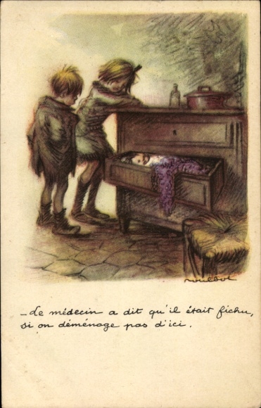 Artist Postcard Poulbot, Franciscque, Children, Baby sleeping in a drawer