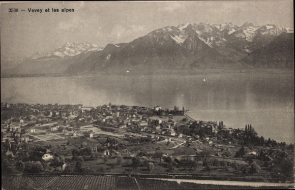 KP Vevey Canton Vaud, krajobraz górski, Alpy, jezioro, widok na miasto