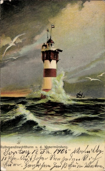 Ak Geestemünde Bremerhaven, Rotes Leuchtfeuer, stürmische See, Wolken, Schiff, Landschaftsmalerei