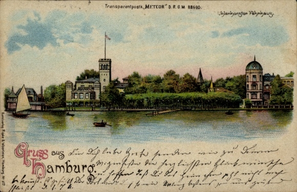 Postcard Hamburg Nord Uhlenhorst, Uhlenhorster Fahnhaus, harbor view, sailing boat, landscape, greetings from