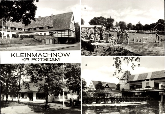 Postcard Kleinmachnow, company vocational school for hydraulic engineering, outdoor swimming pool Kiebitzberge, restaurant, lock