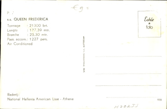 Statek parowy SS Queen Frederica, National Hellenia American Line