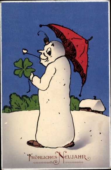 Greeting card Happy New Year, snowman, lucky clover