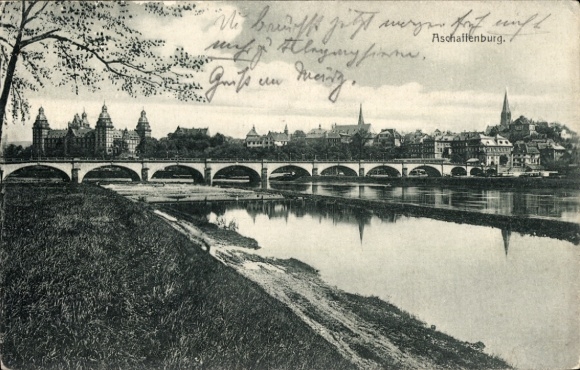 Postcard Aschaffenburg in Lower Franconia, general view, bridge