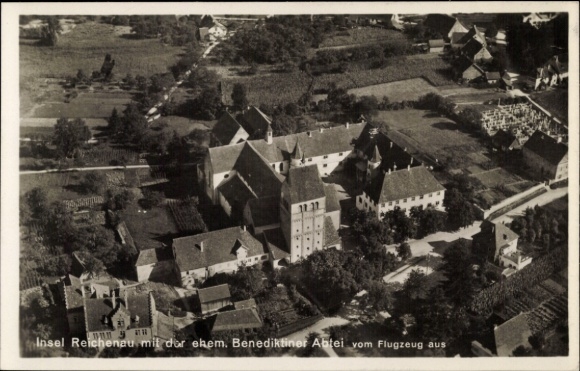 Postcard Insel Reichenau, Former Benedictine Abbey, aerial photograph