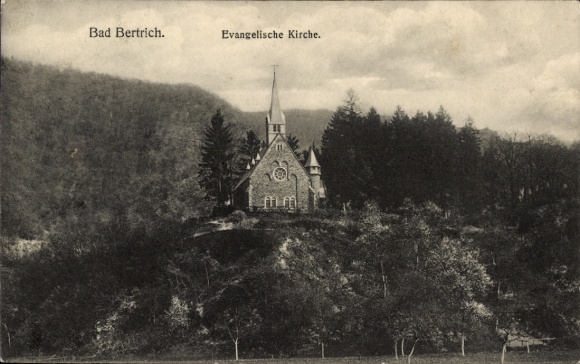 Postcard Bad Bertrich on the Mosel Eifel, Protestant church, rural surroundings, mountain landscape