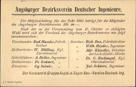 Postcard Augsburg in Swabia, district association of German engineers
