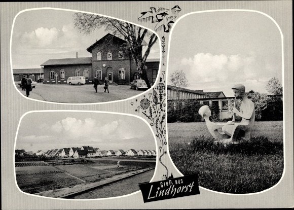 Postcard Lindhorst in the district of Schaumburg, train station, street side, residential area, sculpture