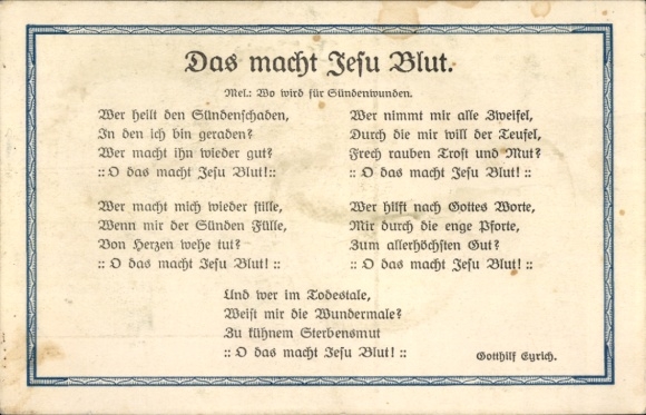 Postcard poem This is what Jesus' blood does, who helps the damage of sin...