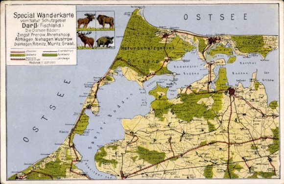 Postcard Ostseebad Ahrenshoop Fischland, hiking map, Baltic Sea, protected area, Zingst, Prerow, Ahrenshoop