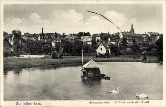 Ak Schlettau in het Erzgebirge, zwanenvijver met uitzicht op de stad