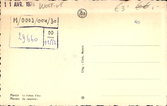 Postcard Menin Menen Meenen Lys West Flanders, water tower
