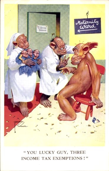Artist Postcard Wood, L., Humanized Apes, Doctor, Nurse, Three Baby Monkeys