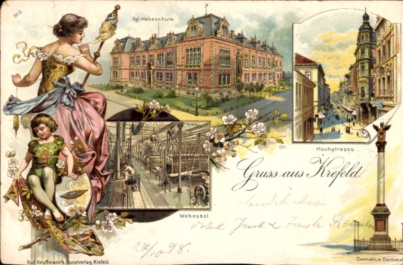 Litho Krefeld am Niederrhein, Königliche Webeschule, Hochstraße, Webesaal, Cornelius Denkmal