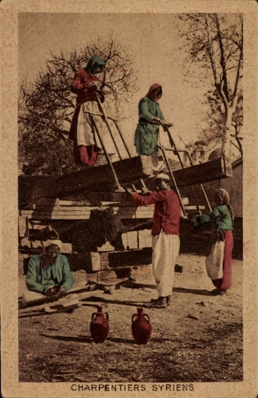 Postcard Syria, locals, carpenters, wooden beams