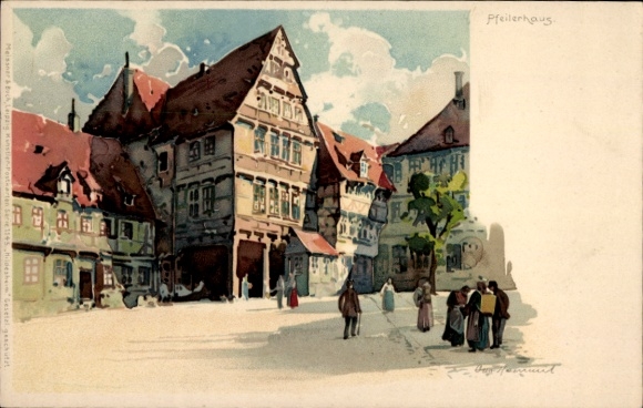 Kunstenaar litho Hammel, Otto, Hildesheim in Nedersaksen, marktgebied met uitzicht op het pijlerhuis