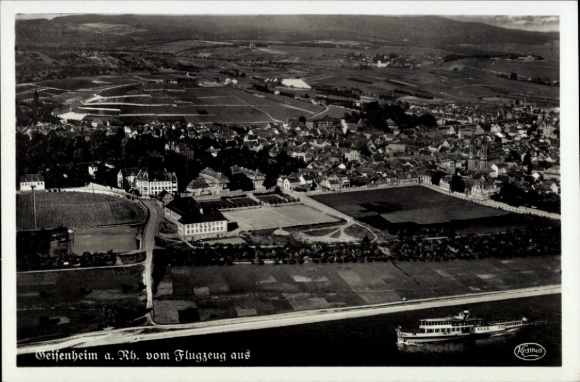 Postcard Geisenheim am Rhein Hesse, aerial photograph from airplane view, Rhine, ships