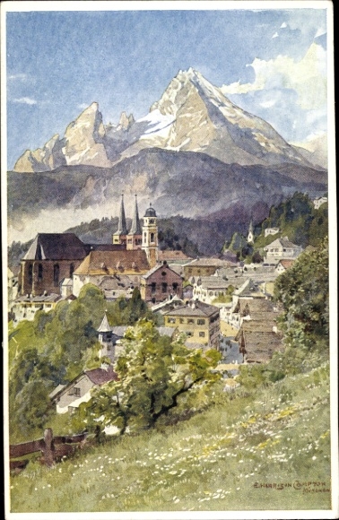 Kunstenaarskaart Compton, Edward Harrison, Berchtesgaden in Opper-Beieren, stad met uitzicht op het landschap