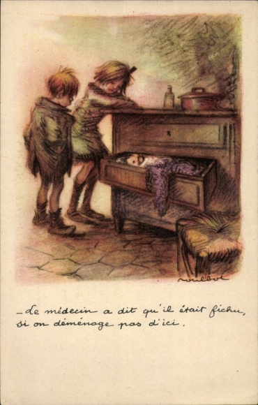 Artist Postcard Poulbot, Franciscque, Children, Baby sleeping in a drawer