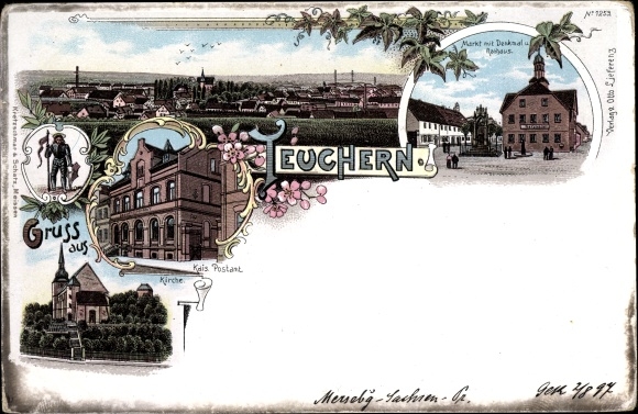 Litho Teuchern im Burgenlandkreis, Markt, Rathaus, Kirche, Postamt