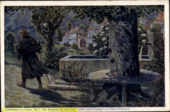 Artist song Postcard Baluschek, Hans, at the fountain in front of the gates, folk songs no. 7