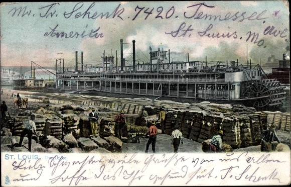 PC St. Louis Missouri USA, port, paddle steamer on the Mississippi, cargo, dock workers