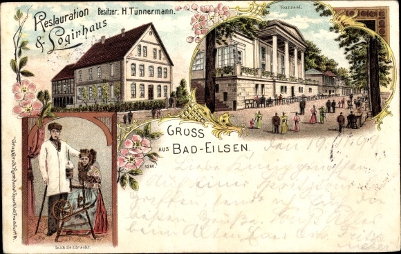 Chromo-Litho Bad Eilsen Lower Saxony, restoration and lodging house, H. Tünnermann, Kursaal, costumes