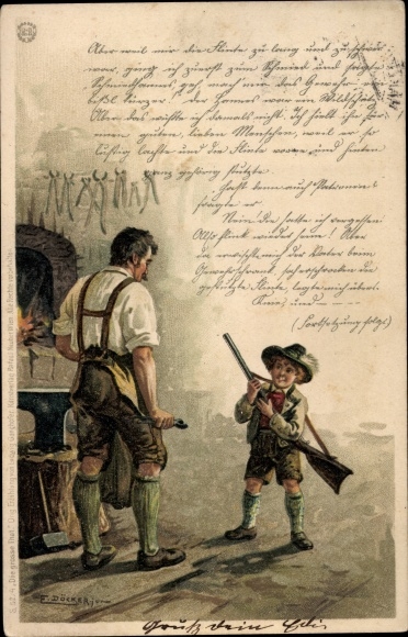 Artist Chromo-Litho Döcker, E., blacksmith, boy with gun