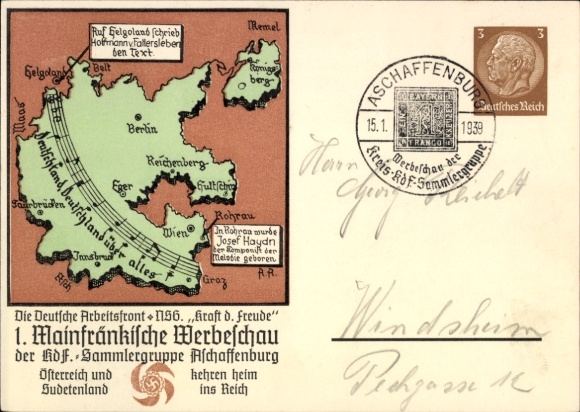Papeteria pocztowa KP Aschaffenburg, I Główna Frankońska Wystawa Reklamowa 1939, Grupa Kolekcjonerów KdF, Niemiecki Hymn Narodowy