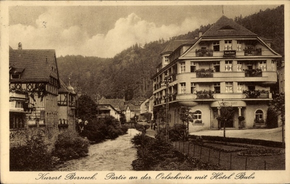 Postcard Bad Berneck in the Fichtelgebirge, Bavaria, spa town Partic on the Oelschnitz with Hotel Bube, river...