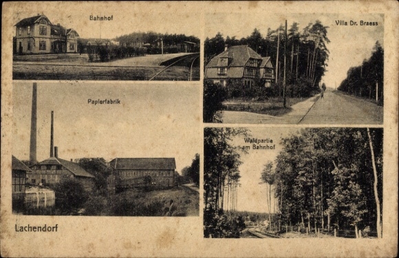 Postcard Lachendorf in Lower Saxony, train station, track side, paper factory, forest area, Villa Dr. Braes
